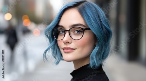 stylish woman with blue hair and glasses