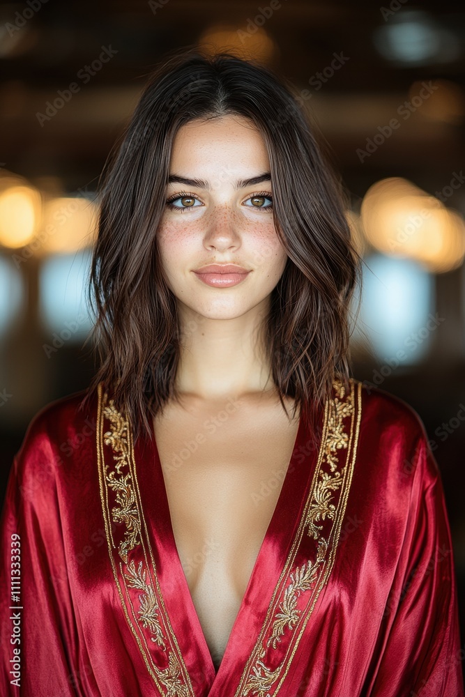 Obraz premium young woman in red satin robe with golden embroidery