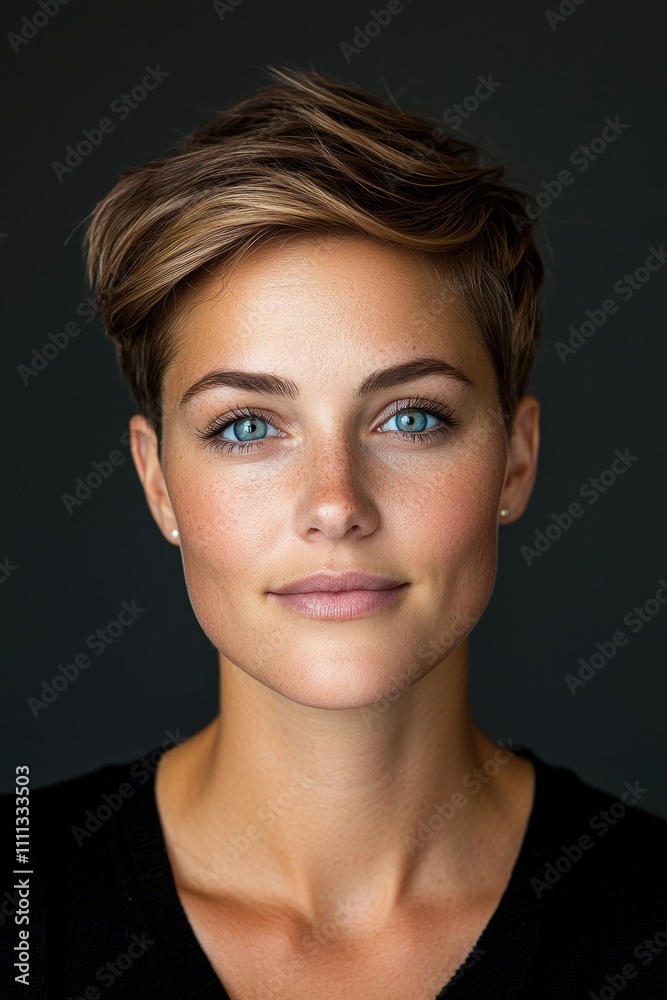 Closeup portrait of a woman with blue eyes and wavy hair Closeup portrait of a woman with blue eyes and wavy hair