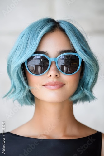 stylish woman with blue hair and sunglasses