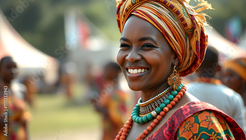 Smiling woman in traditional African attire at a festival, capturing the beauty of cultural expression and community celebration with white shades, png