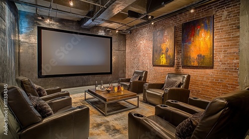 Luxury home theater, leather seating, exposed brick.