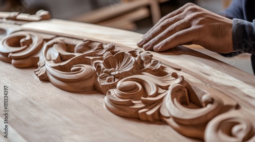 A detailed shot of a carpenter crafting custom wooden fittings for a luxury residential villa, Luxury villa construction scene, Bespoke woodworking style photo