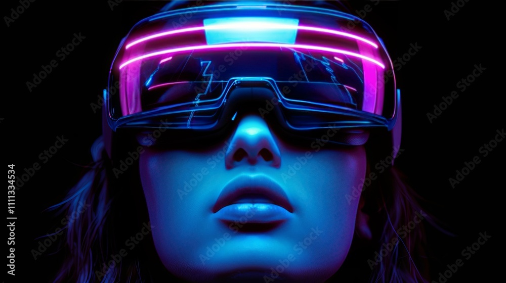 Woman's face illuminated, wearing futuristic neon-lit VR headset. Woman's face illuminated, wearing futuristic neon-lit VR headset.