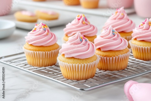 A tray of cupcakes cooling on a wire rack, with frosting bags and decorating tools scattered nearby