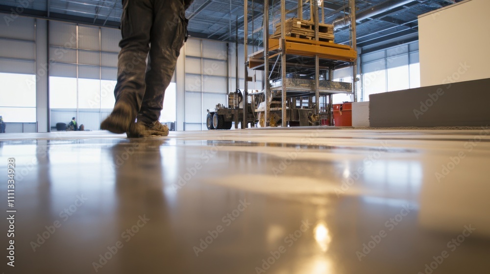 Obraz premium A detailed shot of a concrete finisher smoothing out freshly poured cement on the floor of a commercial warehouse, Warehouse construction scene, Concrete finishing artistry style