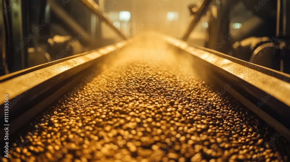 Golden Grains Flowing on Conveyor Belt in Industrial Setting Golden Grains Flowing on Conveyor Belt in Industrial Setting