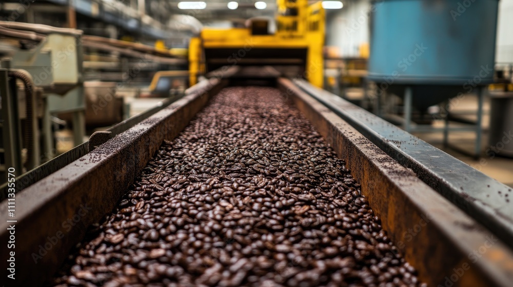 Coffee Bean Processing Conveyor Belt in Industrial Factory Setting Coffee Bean Processing Conveyor Belt in Industrial Factory Setting