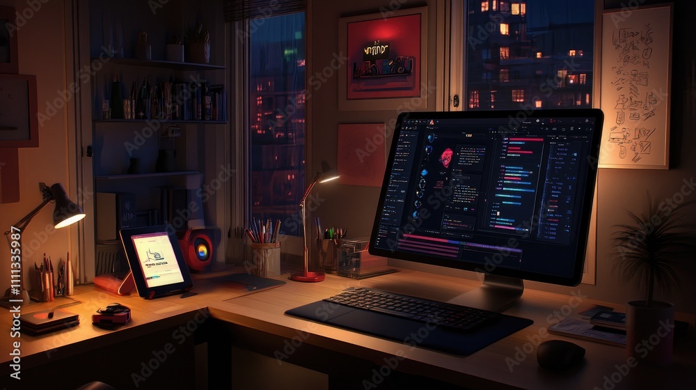 Cozy Nighttime Home Office Setup with Computer and Desk Accessories Cozy Nighttime Home Office Setup with Computer and Desk Accessories