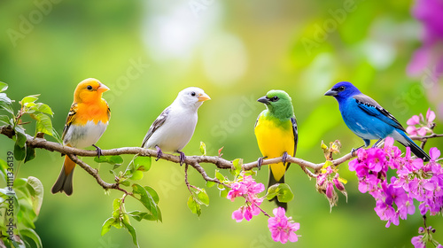 Two cute cartoon birds in love perched on a green branch, enjoying the spring breeze