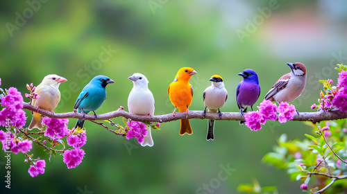 cute birds in love perched on a blossoming branch, perfect for spring card design
