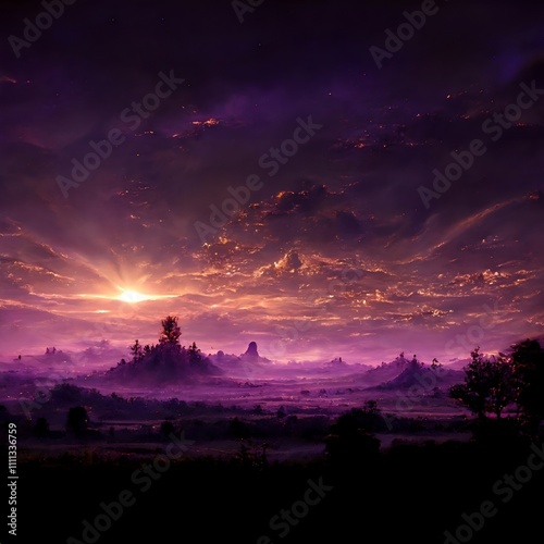Majestic Purple Sunrise Over Fantasy Landscape