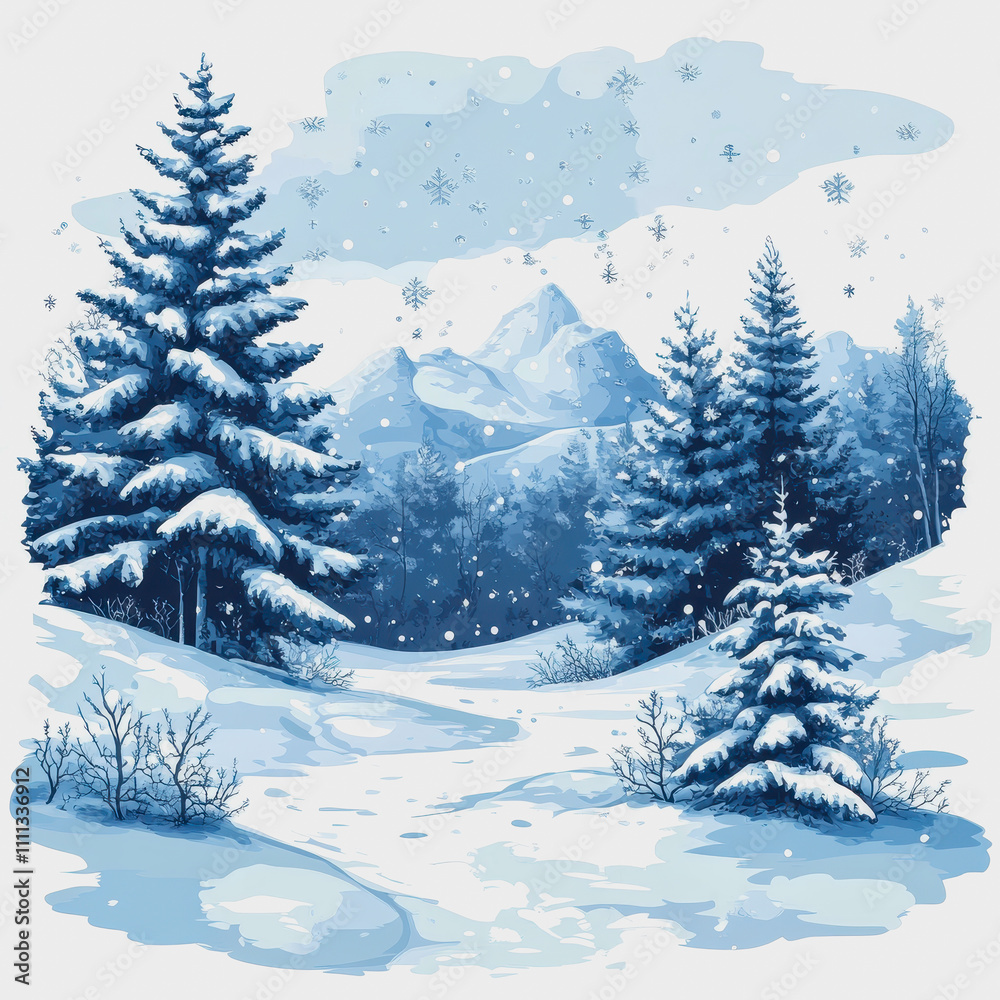 Obraz premium Winter Wonderland Landscape with Snow-Covered Trees, Majestic Mountains in Background, and Gentle Snowfall Creating a Serene Atmosphere in Nature