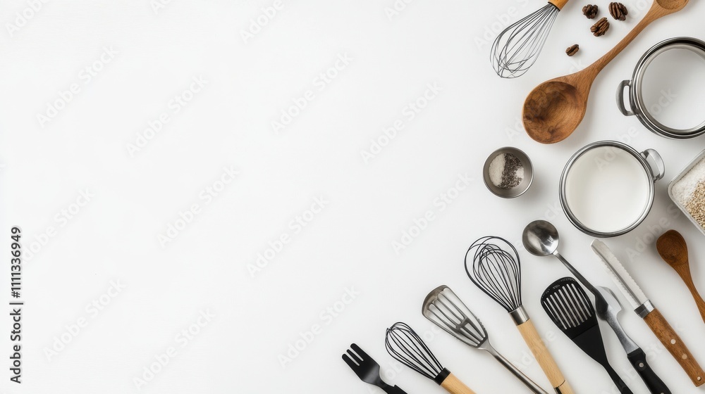 Various kitchen tools including spatulas, whisks, and pots are neatly displayed on a white surface, creating an inviting cooking atmosphere. Generative AI Various kitchen tools including spatulas, whisks, and pots are neatly displayed on a white surface, creating an inviting cooking atmosphere. Generative AI