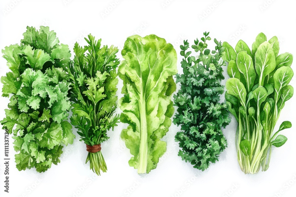 A vibrant assortment of fresh leafy greens and herbs arranged artistically. A vibrant assortment of fresh leafy greens and herbs arranged artistically.