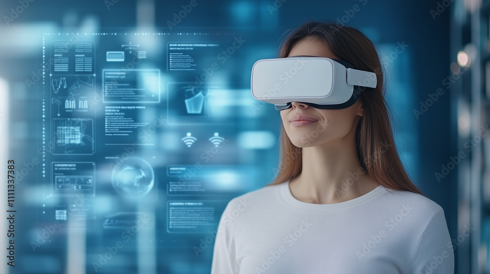 Woman in VR headset with hologram showing widget. Woman in VR headset with hologram showing widget.