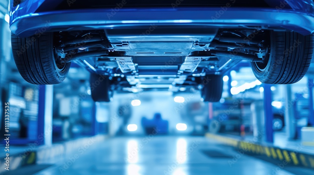 Fototapeta premium Underside View of Modern Vehicle in Automotive Workshop Environment