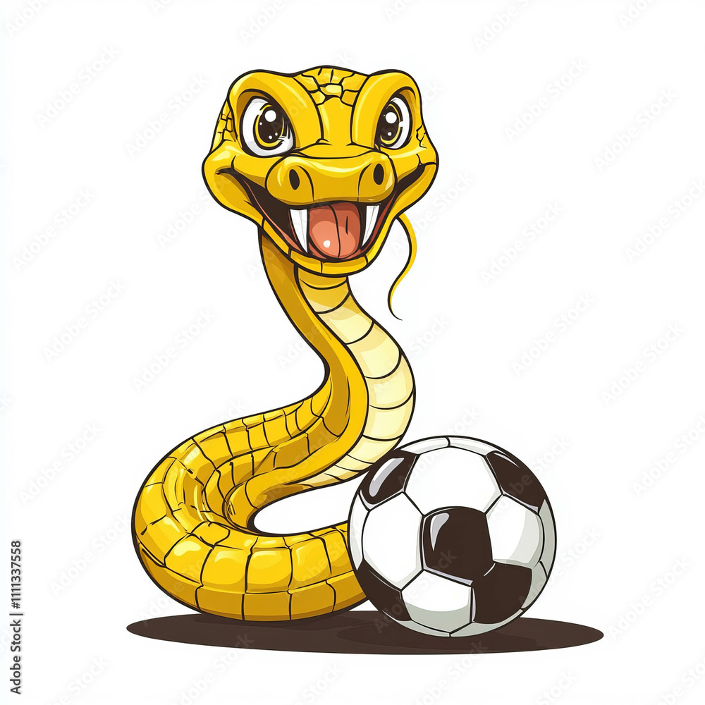 Fototapeta premium Cartoon yellow snake with a soccer ball, vector illustration logo design on a white background