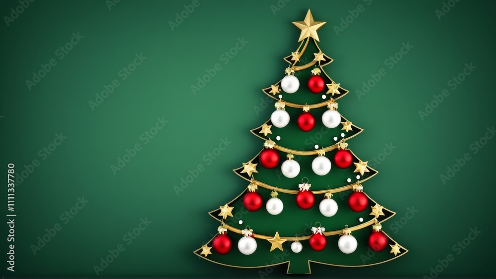 Elegant christmas tree art with red and white ornaments on green background