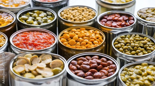 Various cans of dog food stacked on a shelf, showcasing a selection of different brands and flavors of dog food for pets. Ideal for pet owners seeking nutritious and convenient meal options  photo