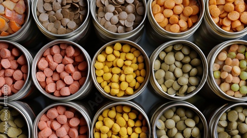 Various cans of dog food stacked on a shelf, showcasing a selection of different brands and flavors of dog food for pets. Ideal for pet owners seeking nutritious and convenient meal options  photo