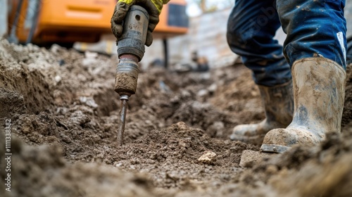 A detailed view of a construction worker using a pneumatic drill to excavate soil for a foundation at a residential construction site, Residential foundation excavation scene