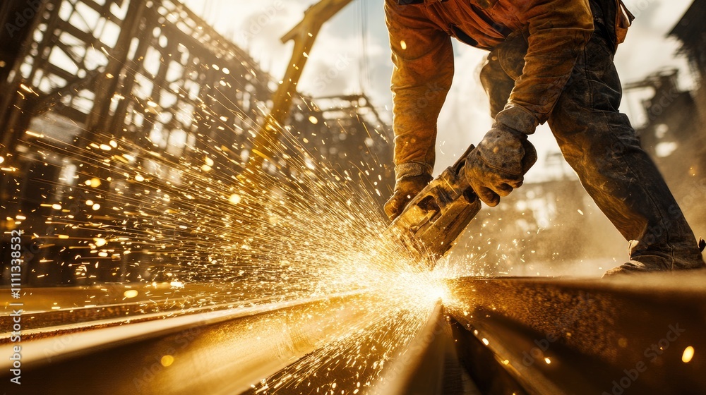 Worker Using Angle Grinder for Metal Fabrication in Industrial Scene Worker Using Angle Grinder for Metal Fabrication in Industrial Scene