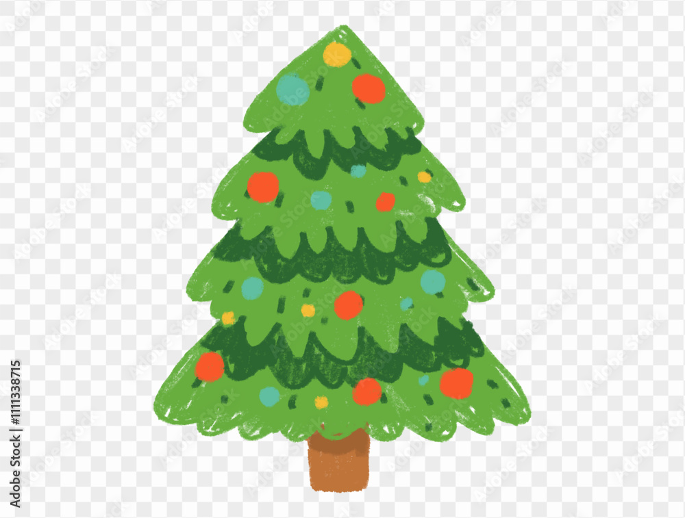 Hand drawn Christmas tree with chalk style decorations and childlike lines on  transparent background, perfect for festive designs. vector