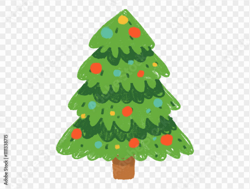 Hand drawn Christmas tree with chalk style decorations and childlike lines on  transparent background, perfect for festive designs. vector