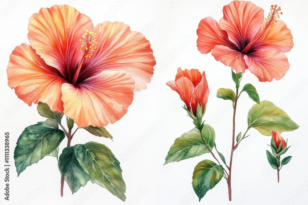 A vibrant watercolor illustration of hibiscus flowers in various stages of bloom. A vibrant watercolor illustration of hibiscus flowers in various stages of bloom.