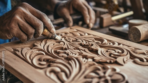 A detailed view of craftsmen carving intricate designs on wooden furniture in a traditional carpentry workshop, Carpentry workshop scene, Artistic and craftsmanship style photo