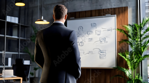 A handsome businessman in a suit, standing indoors, looks out the window, working on his phone