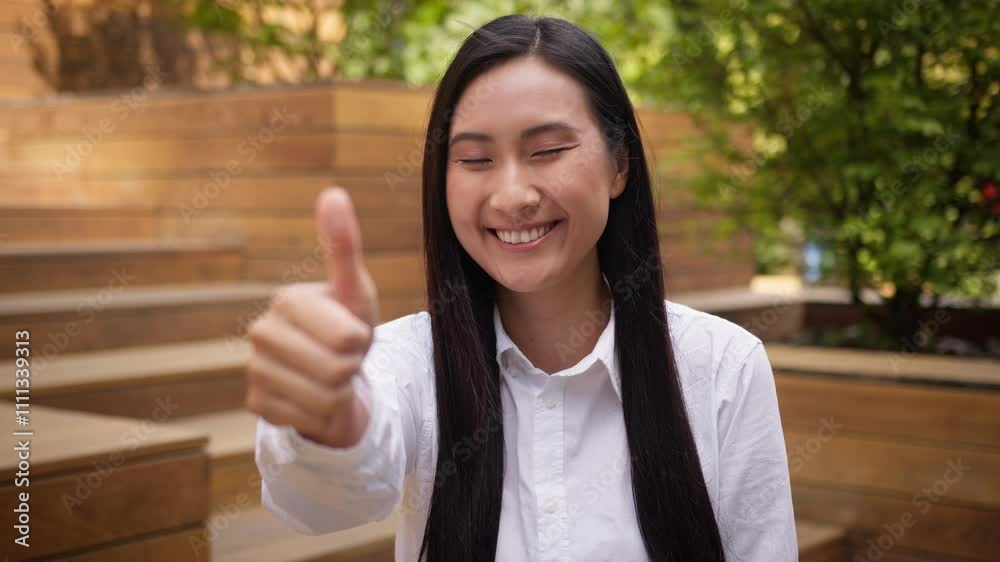 Asian Korean Japanese Chinese woman showing thumb up sign approval like smiling female girl businesswoman agreement business city outside manager employee leader positive gesture finger recommend town Asian Korean Japanese Chinese woman showing thumb up sign approval like smiling female girl businesswoman agreement business city outside manager employee leader positive gesture finger recommend town