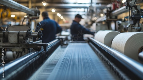 A detailed view of workers in a textile factory operating looms and inspecting fabric rolls, Textile factory scene, Industrial and textile style