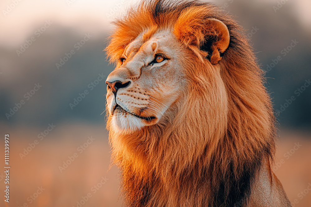 Fototapeta premium Majestic African Lion Gazing at Sunset Golden Hour