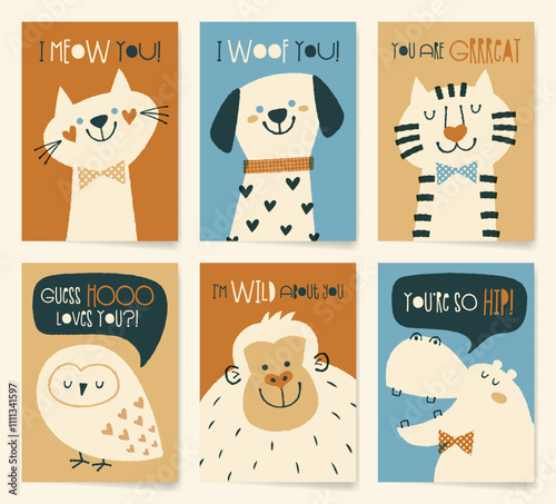 Set of Valentine's Day greeting card designs featuring cute animal characters. photo