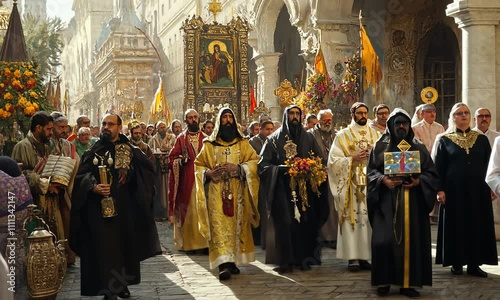 A Grand Religious Procession: Orthodox Clergy in Festive Attire