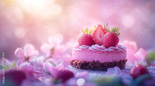 Delicate Strawberry Cheesecake on a Floral Background photo