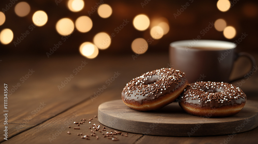 Cozy Chocolate Donuts and Coffee with Festive Bokeh Lights