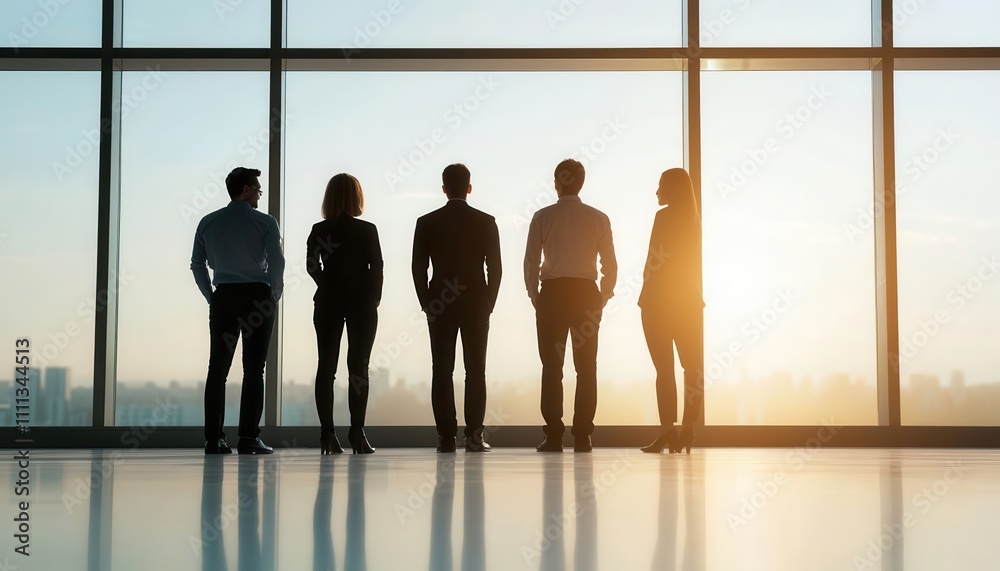 Professionals standing in a circle, exchanging innovative ideas in a casual meeting room with large windows, Standing idea exchange