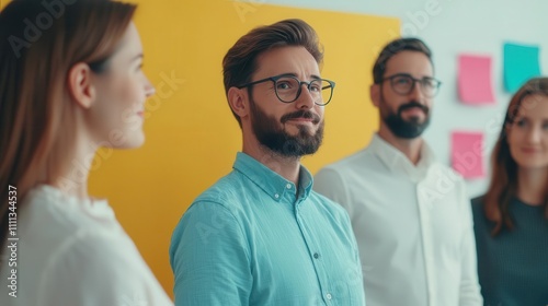 Standing meeting in a casual office environment, team members exchanging ideas with markers and flip charts, Standing idea exchange