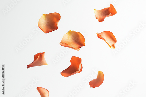 copper-colored rose pedals falling in the air white background
