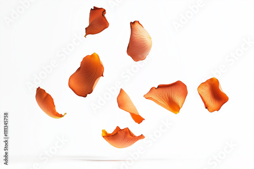 copper-colored rose pedals falling in the air white background