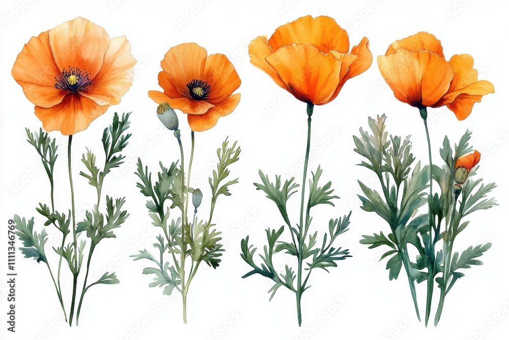 Obraz premium A watercolor illustration of vibrant orange poppy flowers with green foliage.