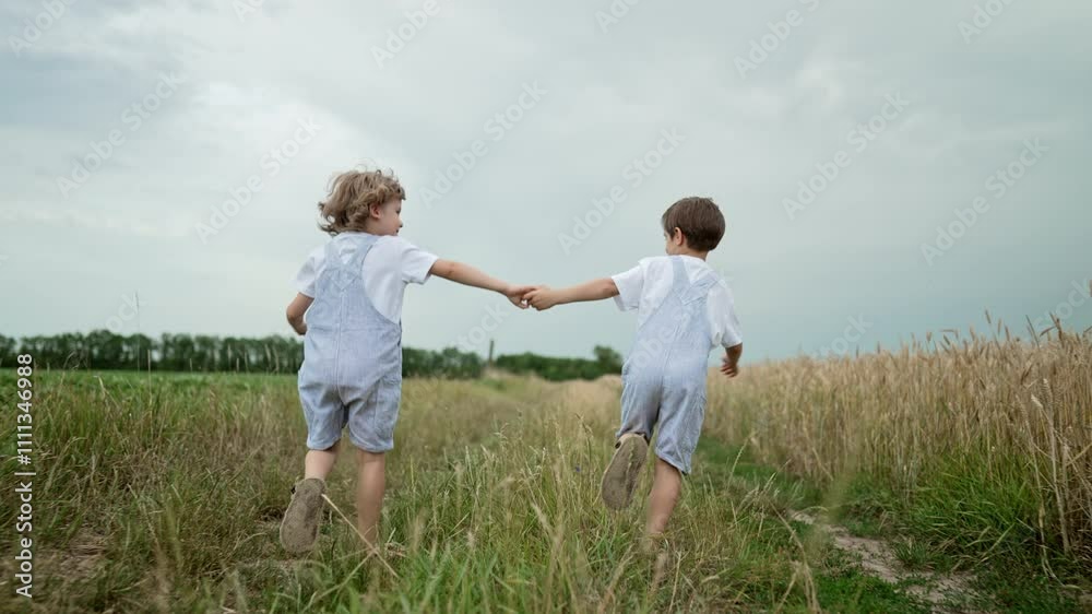 Little Happy Children Boys Running Race Outside City, Natural Rural Landscape Little Happy Children Boys Running Race Outside City, Natural Rural Landscape