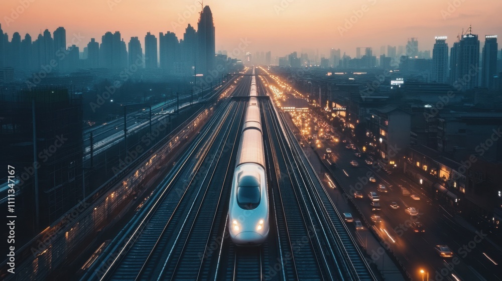Fototapeta premium High-Speed Train Gliding on Elevated Tracks at Sunset