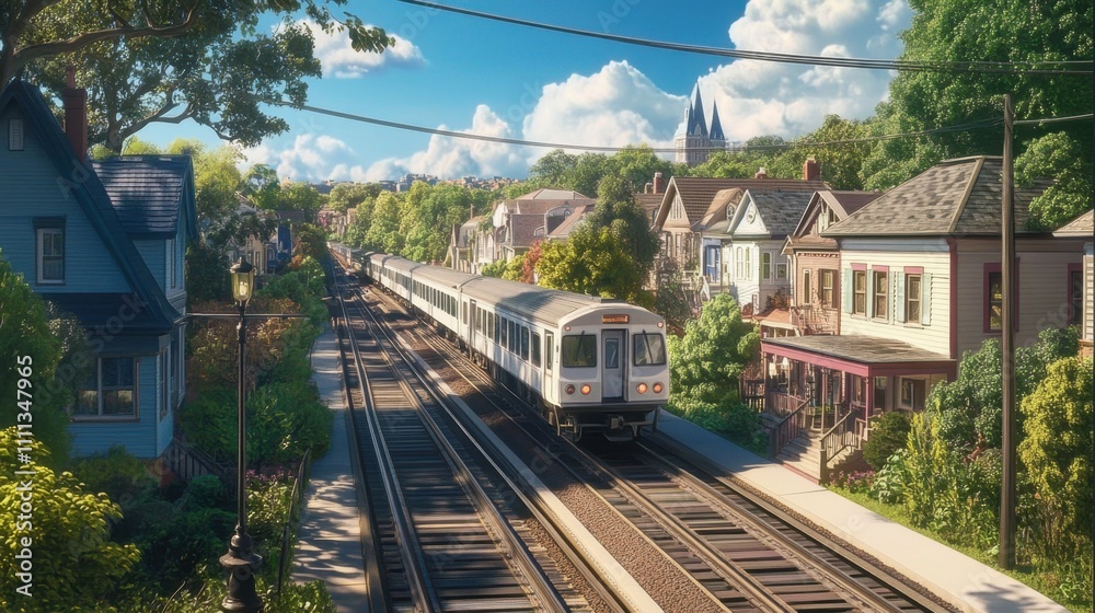 Obraz premium Commuter Train Gliding Through a Scenic Neighborhood