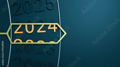 Mechanical dial rotation down the years to 2025. Closeup of 2025 number in gold, arrow, metallic rim on dark background. Change years concept. 3D animation.