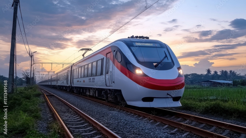 Fototapeta premium High-Speed Train in Jakarta at Sunset