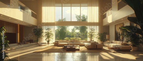 A spacious  sunlit living room with large windows and lush greenery outside.